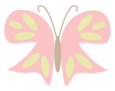 Beyaz arka planda sarı daireli pembe kelebek, illüstrasyon, vektör.