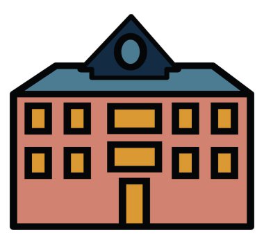 Beyaz arka planda küçük pencereli, resimli, vektörlü bir ev.