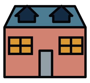 Beyaz arka planda çatı pencereli, resimli, vektörlü bir ev.