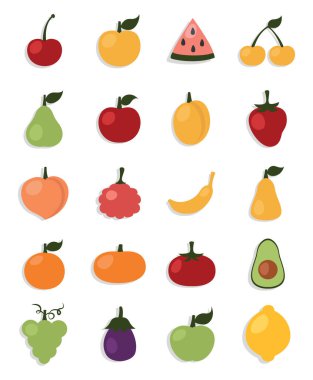 Taze meyve ve sebze, illüstrasyon, vektör, beyaz arka planda..