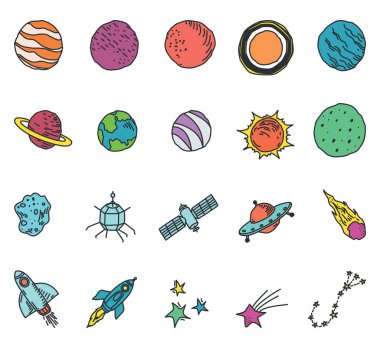 Beyaz arkaplan üzerindeki uzay nesneleri simgesi, illüstrasyon, vektör.