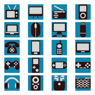 Beyaz arkaplan üzerinde teknoloji simgesi seti, illüstrasyon, vektör.