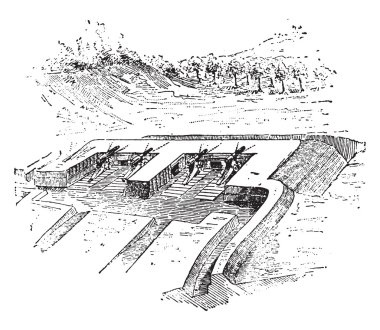 Kuşatma Bataryası, vintage gravür.