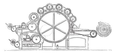 Carding machine finishing wool, vintage engraving.