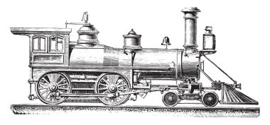 American type machine with two coupled axles, vintage engraving.