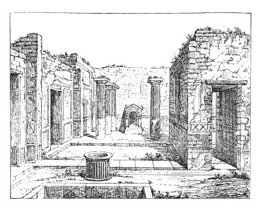 Poet house, in Pompeii, vintage engraving.