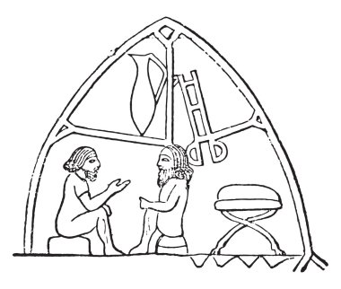 Men chatting, vintage engraving.