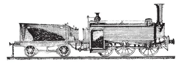 La locomotora y tierna, rasgando, grabado vintage . — Vector de stock