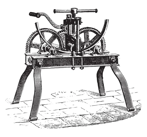 Machine voor buig wielen cirkels ijzers, vintage gravure. — Stockvector