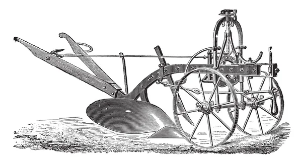 Wheeled plow with iron age, Didelot abbe, vintage engraving. — Wektor stockowy