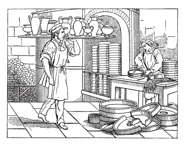 Baking room in porcelain works, vintage engraving. — Stock Vector