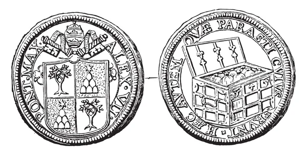 Moneda de oro del Papa Alejandro VII, grabado vintage . — Vector de stock