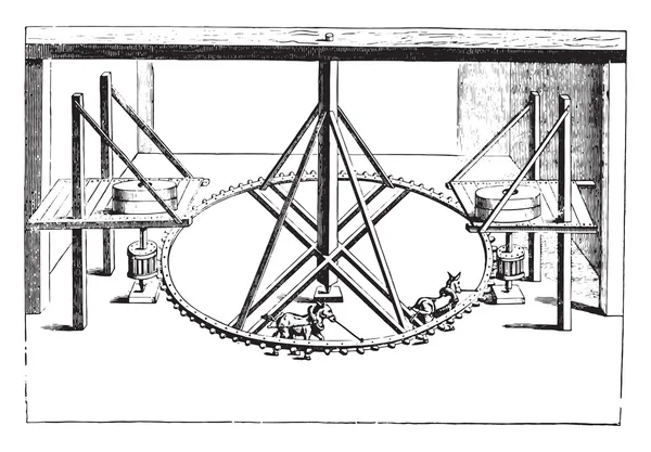 Vedere perspectivă a unei moare vechi cu două perechi de roți, acționate — Vector de stoc