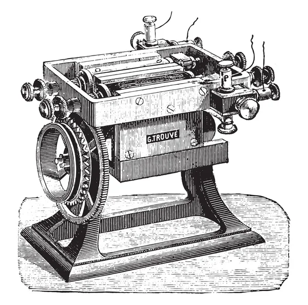 Machine met twee gecombineerde spoelen, Mr. vondsten, vintage gravure. — Stockvector