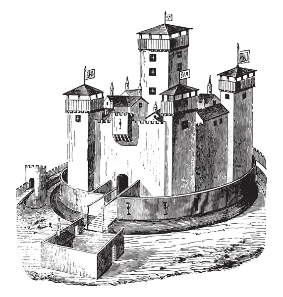 Chateau de La Panouse, vars ruiner fortfarande existerar, Vintage engravin — Stock vektor