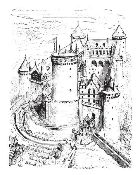 Ізометричний вигляд замку Кусі, Старовинні гравіювання. — стоковий вектор