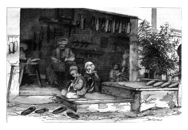 Konstantin'de bir ayakkabıcı dükkanı, vintage gravür.