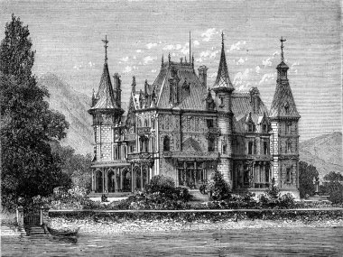Castle Schadau veya Rougemont (İsviçre), vintage gravür.
