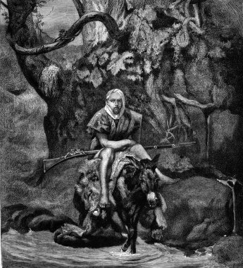 Young Arab relating the skin of the lion that killed, vintage en