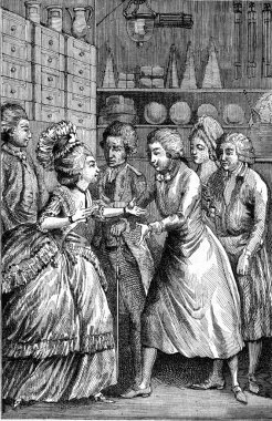 On sekizinci yüzyılda Iç bakkaliye, vintage gravür.