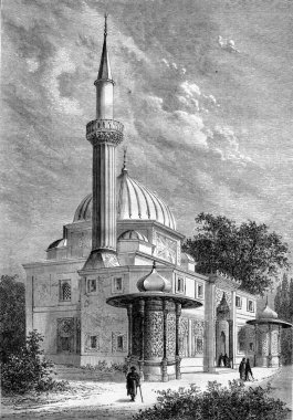 World Exhibition, Mosque in the park, vintage engraving.