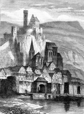 Neckar üzerinde Hirschhorn, vintage gravür.