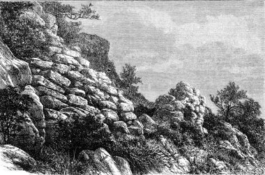 A prehistoric Camp near Menton, vintage engraving.