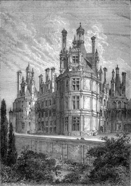 Chambord Castle with its ancient graves, vintage engraving.