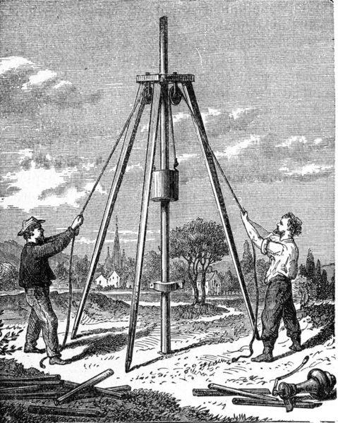 Drilling of wells instant, vintage engraving. — Stock Photo, Image