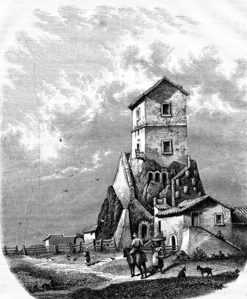 Roma kırsalında çiftlik ve mezar, vintage gravür.