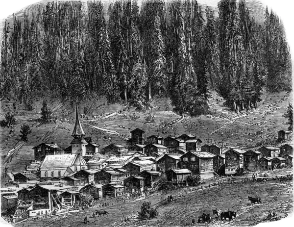 A aldeia de Saint-Nicolas, Suíça, gravura vintage . — Fotografia de Stock