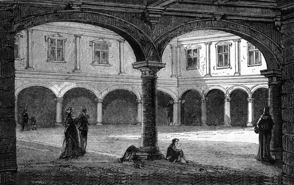The Court of the palace Granvelle, Besancon, vintage engraving. — Stock Photo, Image
