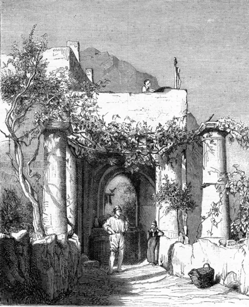 Entrando en una posada en Capri, dibujo de Karl Girardet después de la naturaleza , —  Fotos de Stock