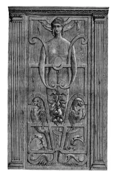 Carved panel belonging to Mr. Poule, vintage engraving. — Stockfoto