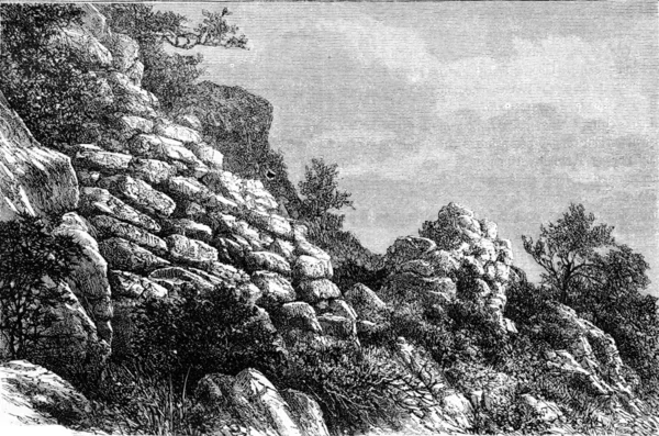 A prehistoric Camp near Menton, vintage engraving.
