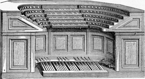 Tastatur-Layouts der Orgel von St. Sulpice, Vintage-Gravur. — Stockfoto