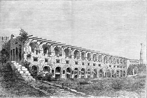 Ruines de la caserne des Chevaliers de Rhodes, gravure vintage — Photo