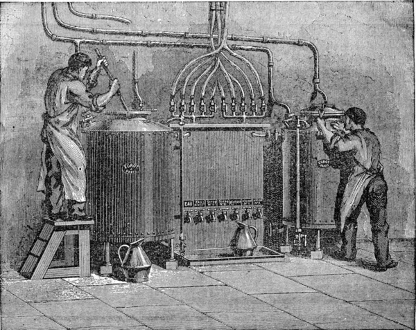 Bir fabrika likörler, vintage gravür üretim toplam izin