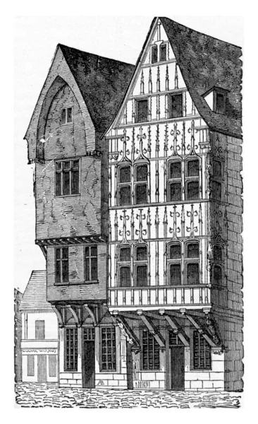 Wooden houses, a Reims, vintage engraving. — Stockfoto