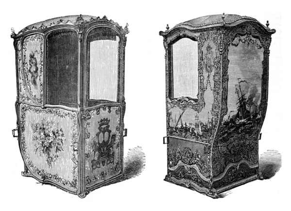 Cadeira Sedan realizada no Museu de Versalhes, gravura vintage . — Fotografia de Stock