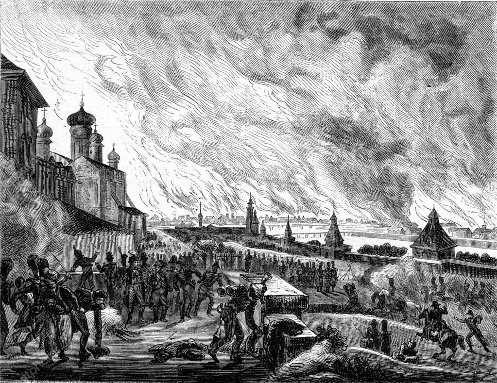 15-16-17 September 1812 Fire of Moscow, vintage engraving.