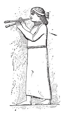 Assyrian eunuch playing a double flute, vintage engraving.