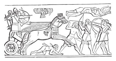 Assyrian king in battle, vintage engraving.