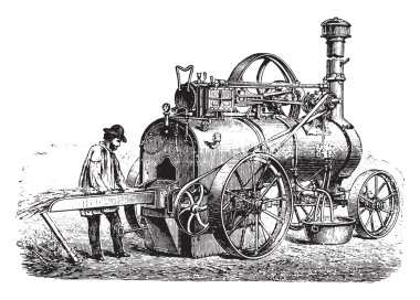 Saman, vintage gravür ile taşınabilir bir motor ısıtıcı görünümü.