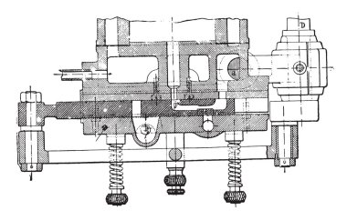 Horizontal section of the Otto engine drawer, vintage engraving. clipart