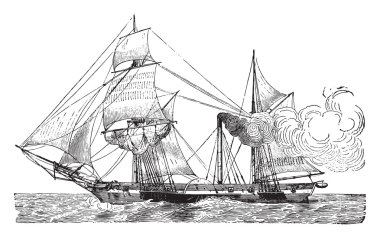 Wheeled Warship, vintage engraving.