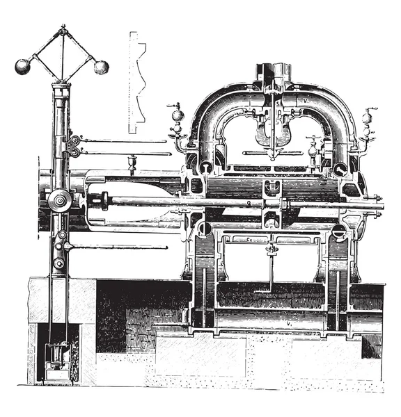 Cilindro Copa Corliss máquina y vistas del controlador de levas, vi — Vector de stock