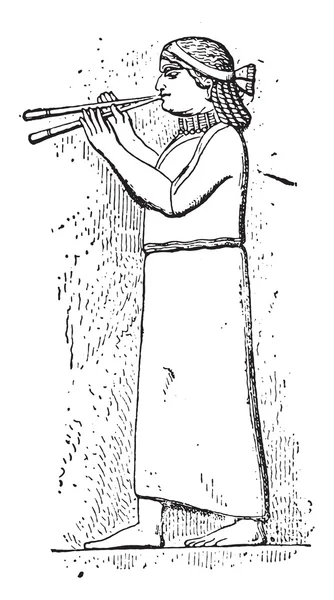 Assyrian eunuch playing a double flute, vintage engraving. — стоковий вектор