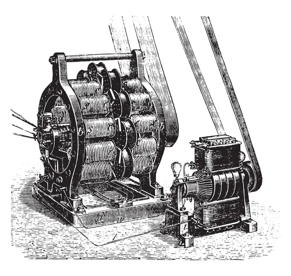 Máquina AC y corriente continua excitatrice a Siemens, vintage engra — Archivo Imágenes Vectoriales