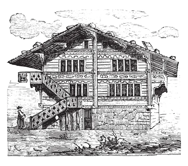 Hus, schweizisk chalet, Vintage gravyr. — Stock vektor
